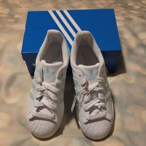 Adidas White Sneakers with Light Blue Stripes